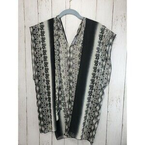 Kate & Mallory Womens Size Large Floral Tunic Top Sheer Black Cream V Neck